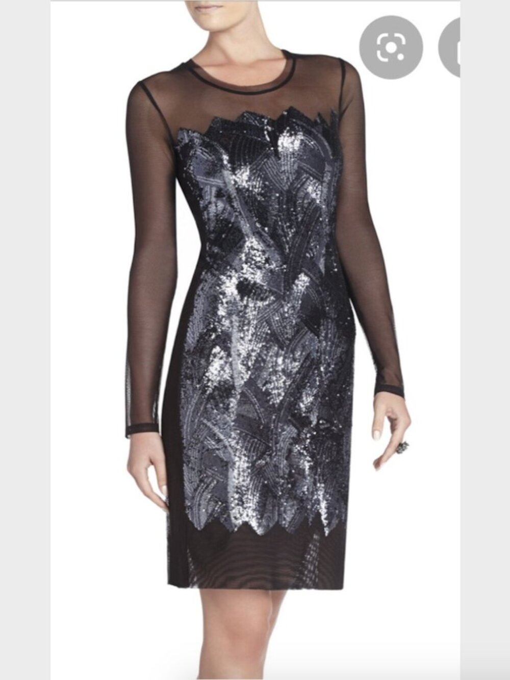 BCBGMaxazria Black Anaya Sequin Dress with Sheer Sleeves - Size S